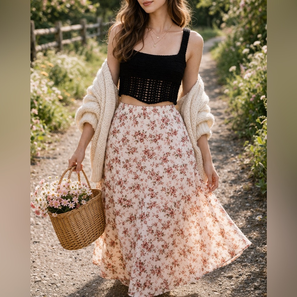 🌸Shein Floral Midi Skirt L Soft Girl Cottagecore Spring Romantic Boho Style NW✨